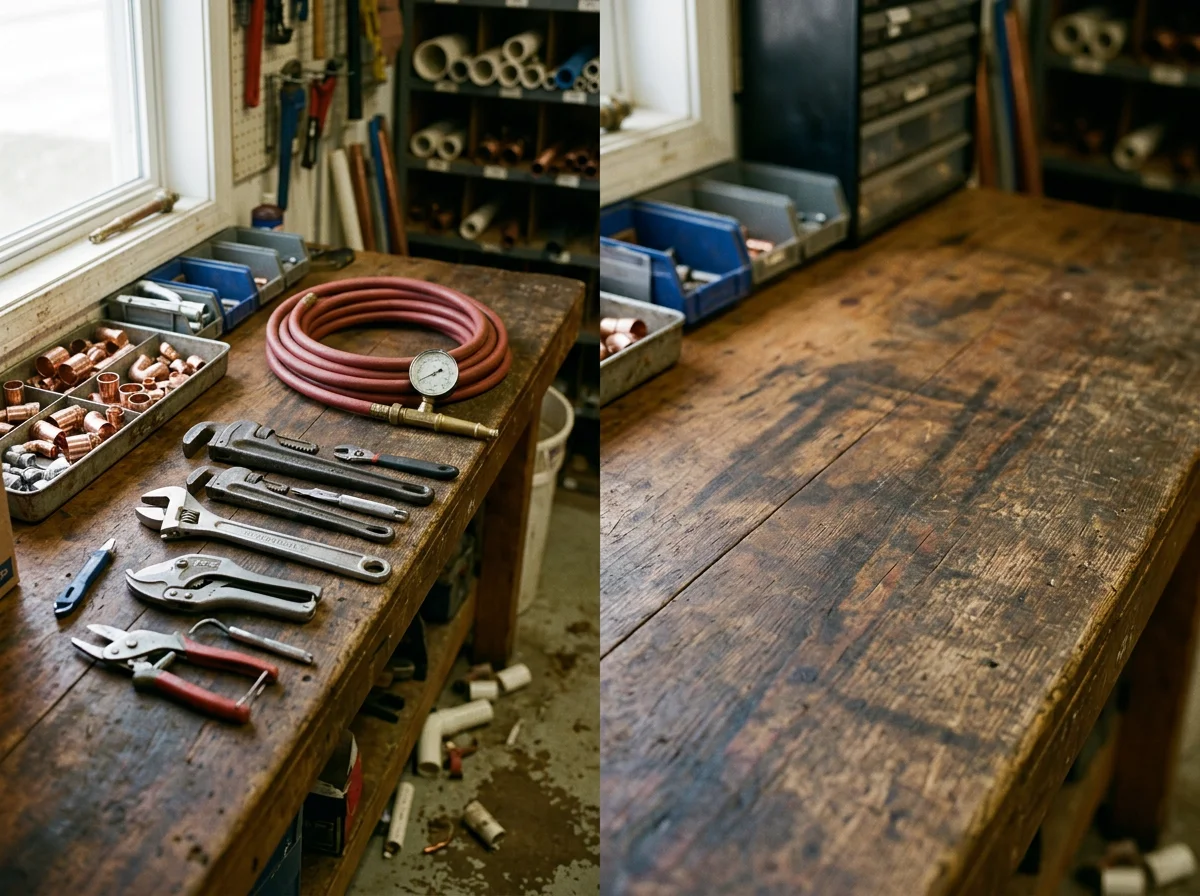 Plumbing tools and equipment arranged on a workbench, representing the trade and readiness for service calls.