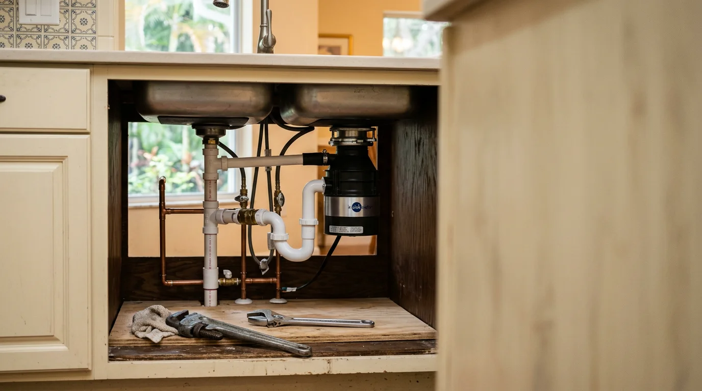 Professional plumber working on residential plumbing system in Tampa home