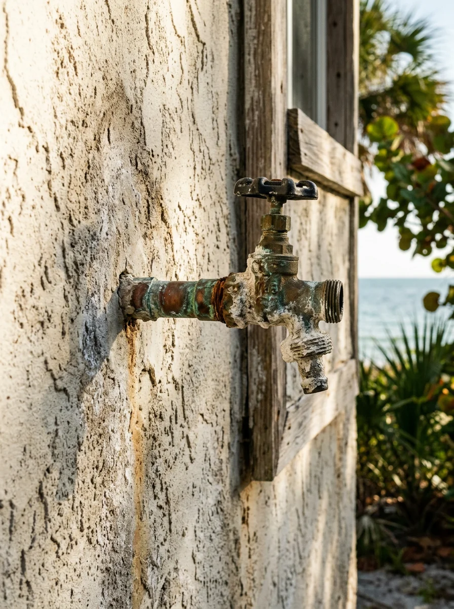 Corroded outdoor hose bib and pipe connection on a Clearwater Beach waterfront home showing rust and white salt deposits from prolonged Gulf Coast salt air exposure.
