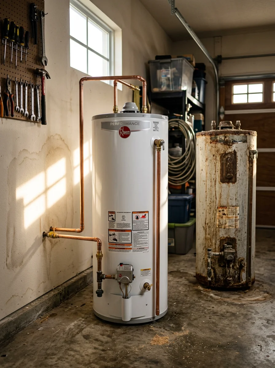 A plumber installing a new water heater in a Riverview, Florida garage, with the old sediment-filled tank visible beside the new unit and copper supply connections being fitted.