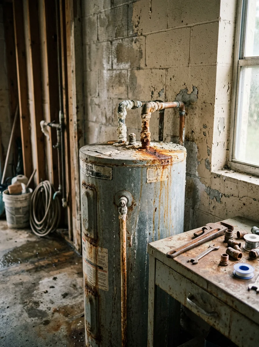 Corroded water heater tank connections in a St. Petersburg garage showing white mineral scale and rust staining on the inlet and outlet fittings from salt air exposure.
