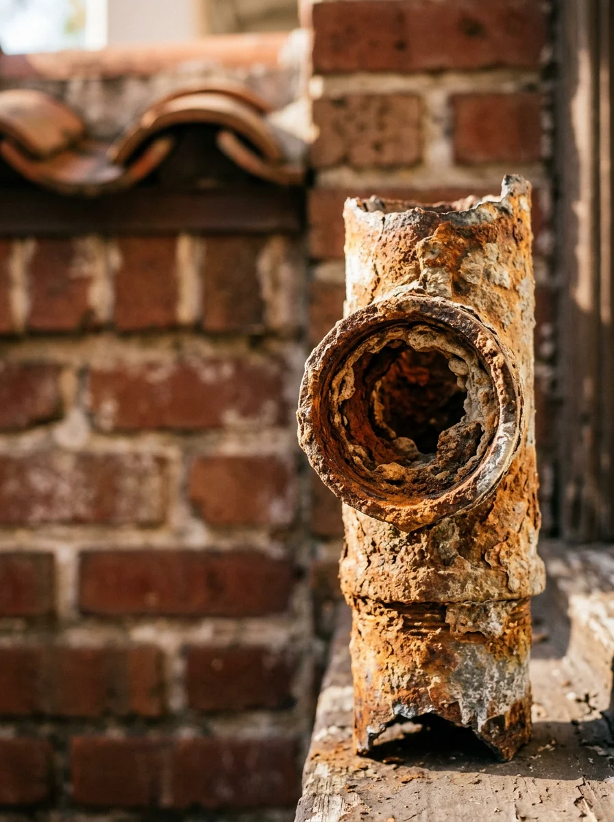 Close-up of a galvanized steel supply pipe removed from a Tampa home showing heavy internal rust and mineral buildup that has narrowed the pipe opening.