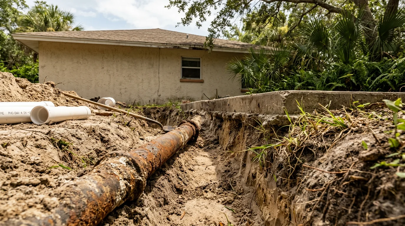 A plumber replacing a corroded cast iron drain line beneath a 1950s Tampa bungalow, with the original pipe exposed in a trench alongside the home's concrete slab foundation.
