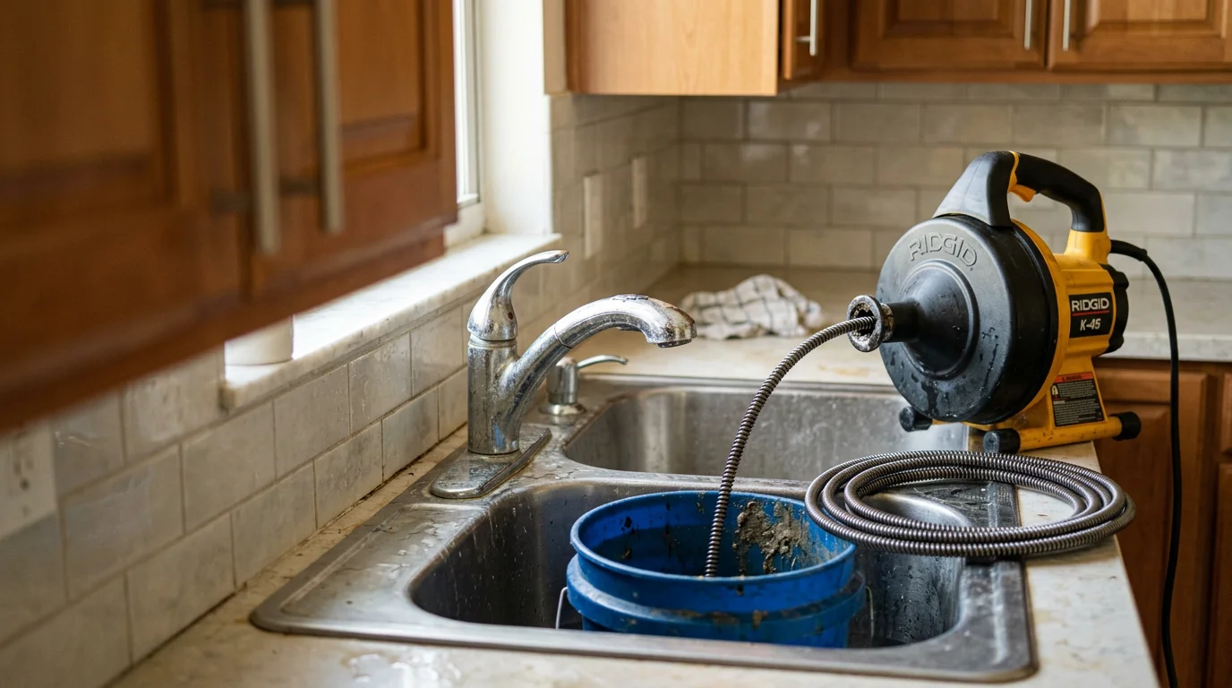 A plumber clearing a clogged kitchen drain line inside a Tampa, FL home, with professional drain cleaning equipment visible on the floor beside the cabinet. The under-sink pipes are exposed and the technician is working to remove a grease blockage from the drain.