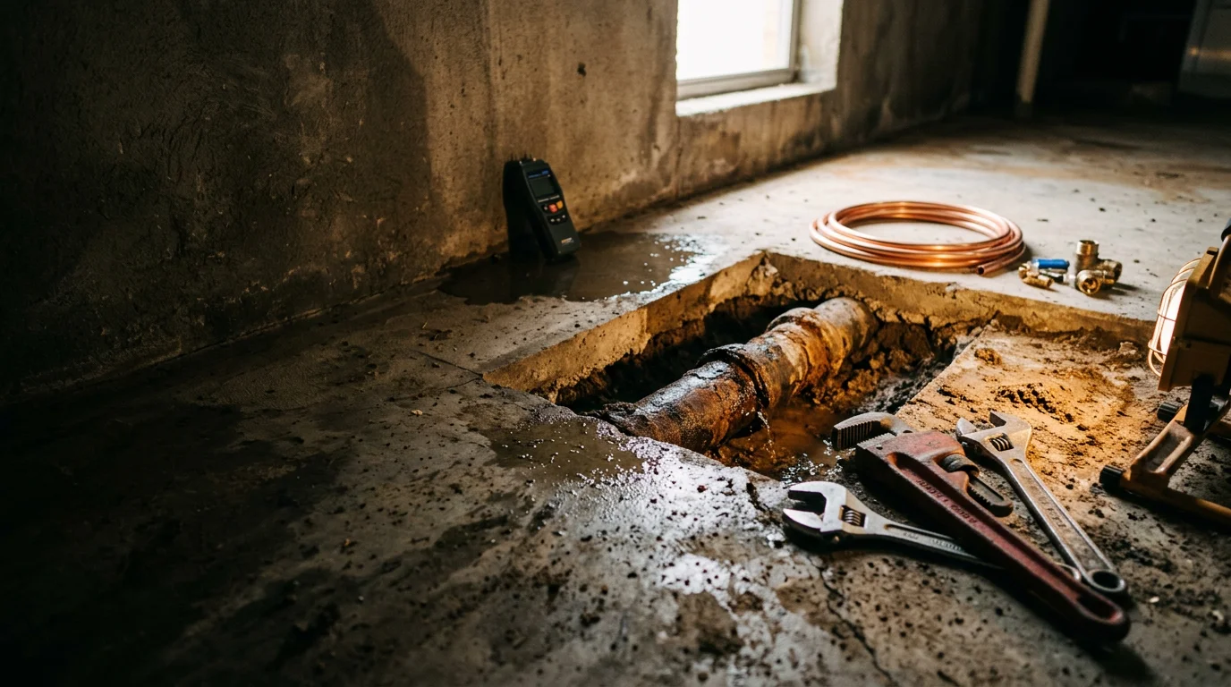 A plumber repairing a burst pipe under a kitchen sink in a Tampa, FL home, with visible water damage on surrounding cabinetry. Emergency plumbing service call in a residential property in Hillsborough County.