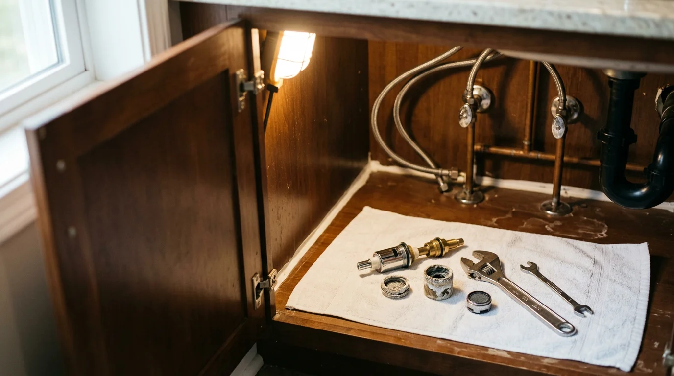 A plumber inspecting a kitchen faucet and sink assembly beneath the cabinet in a Tampa, FL home, checking supply lines and shutoff valves for leaks and mineral buildup.