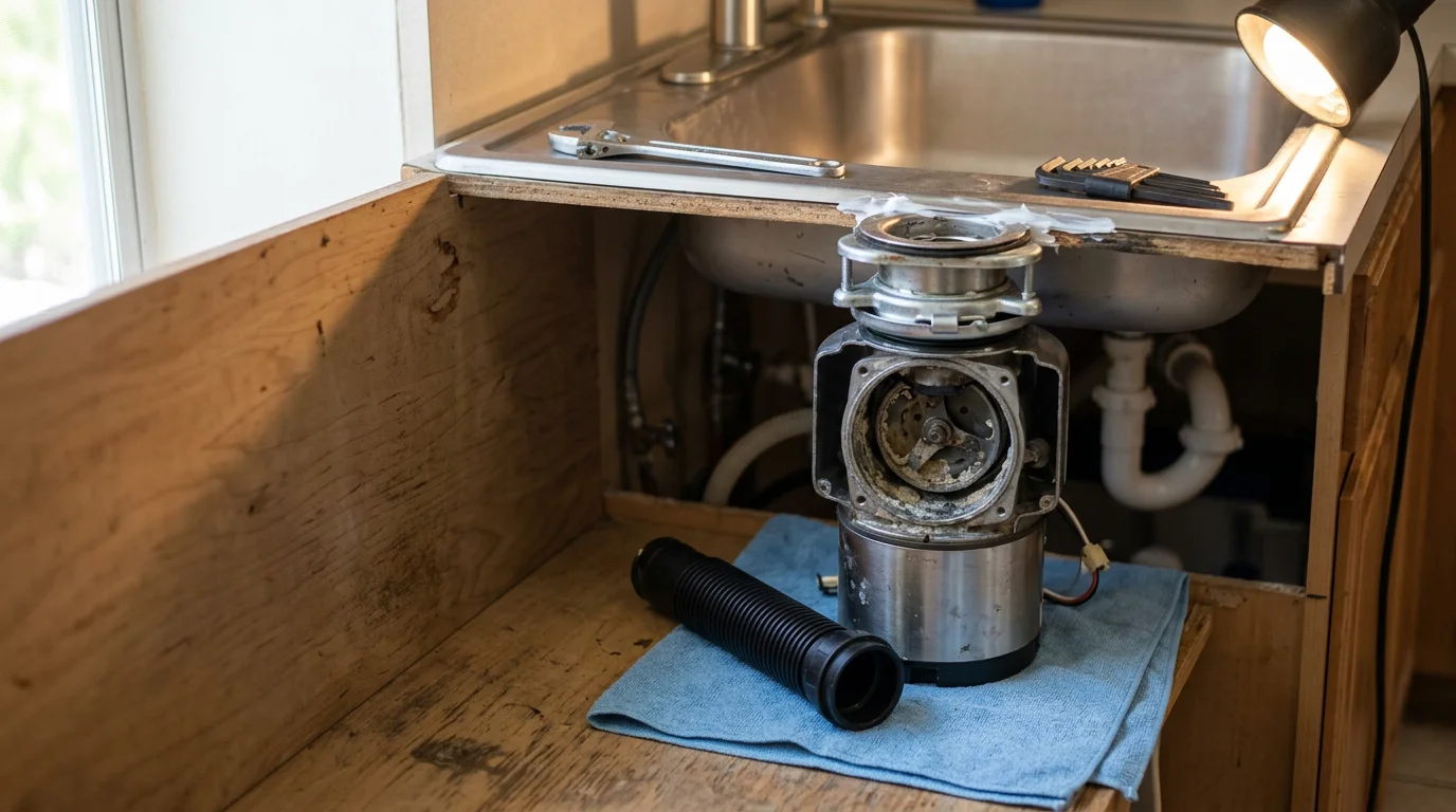 A plumber inspecting the underside of a kitchen sink garbage disposal unit in a Tampa, FL home, checking the mounting assembly and discharge pipe connection. The cabinet doors are open and tools are visible on the floor beside the sink.