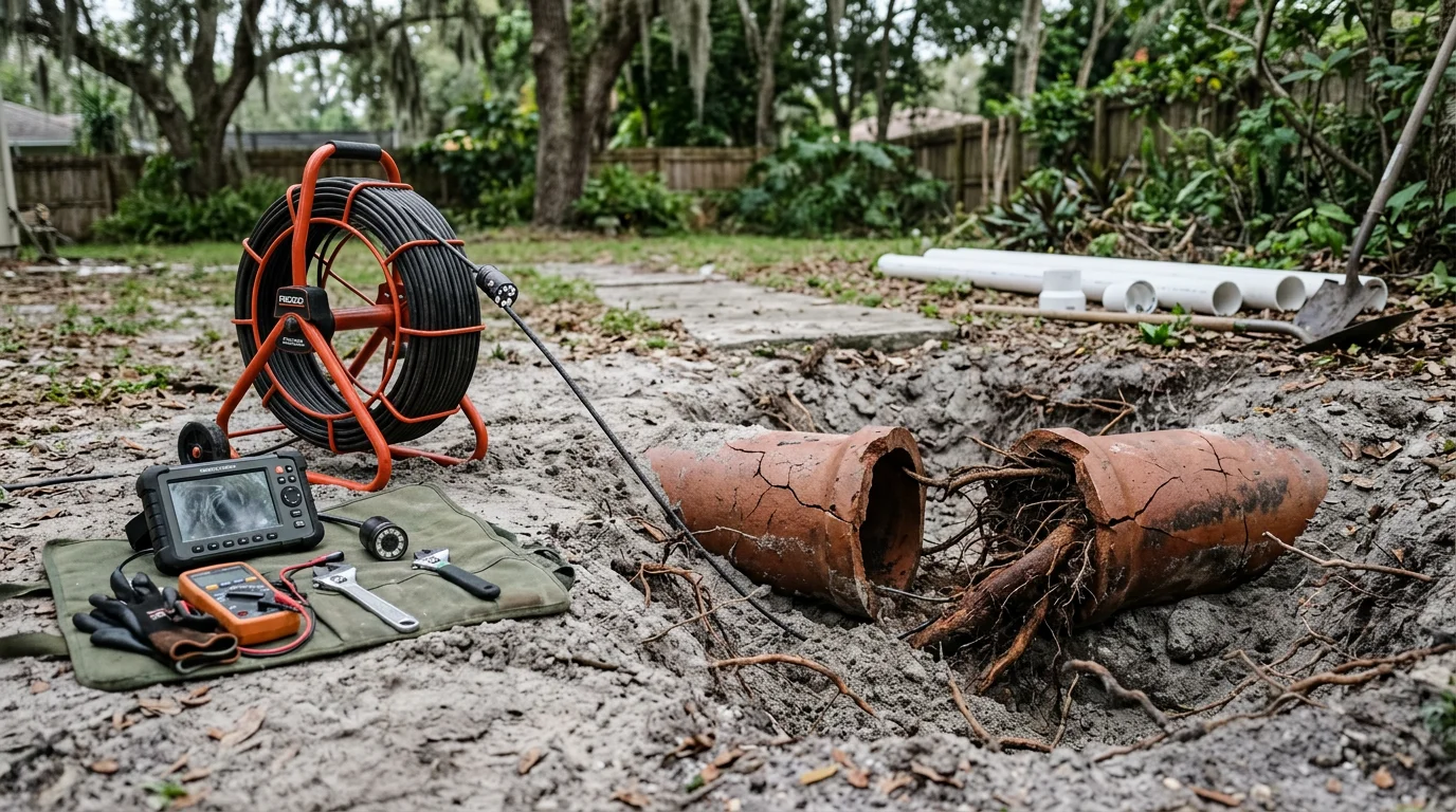 A plumber inspecting an excavated sewer line trench in a Tampa residential yard, with sections of old clay pipe exposed alongside new replacement pipe. Sandy Florida soil is visible along the trench walls, showing typical local ground conditions.