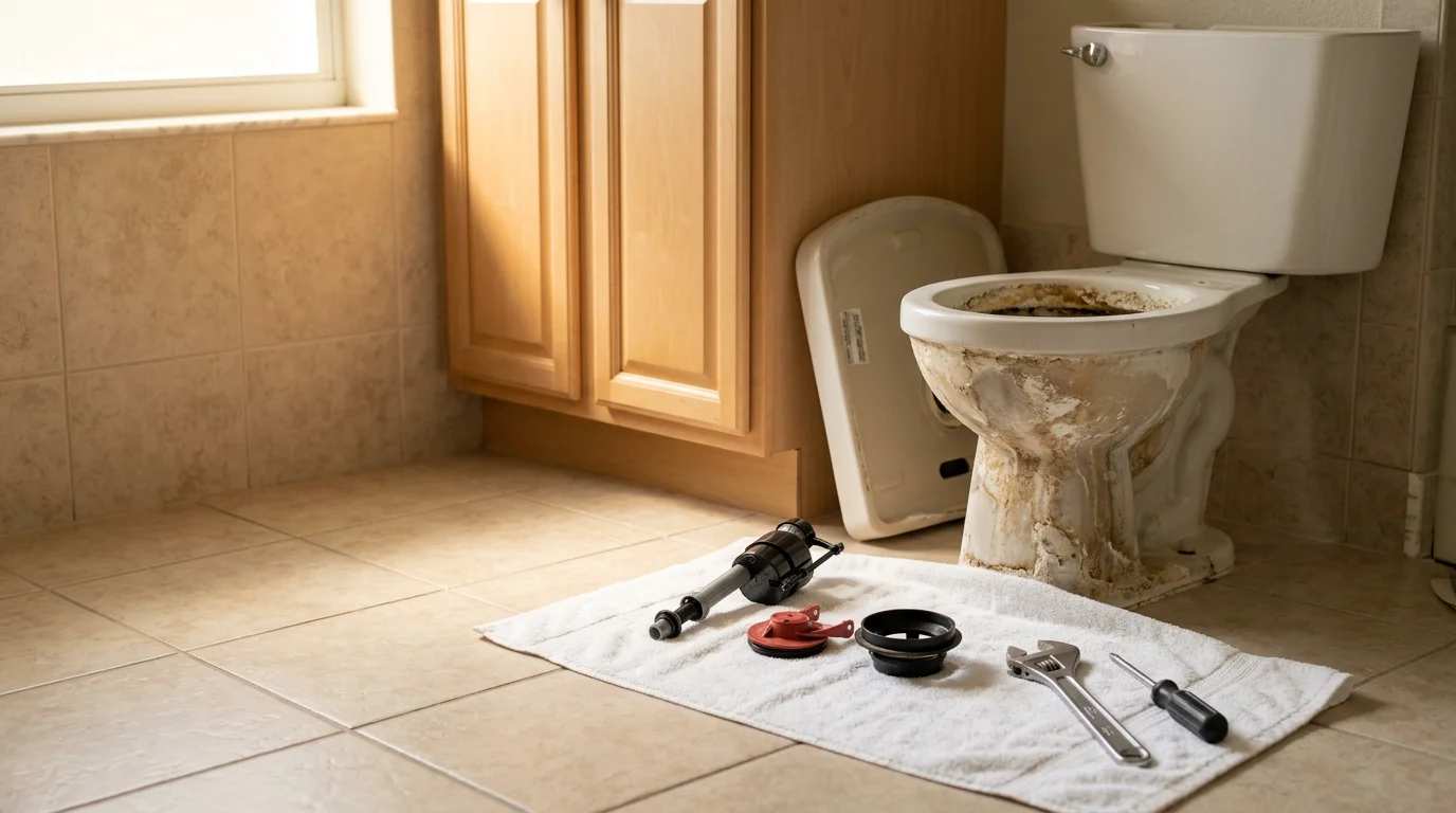 A plumber inspecting the base of a white porcelain toilet in a Tampa, FL bathroom, checking the wax ring seal where water has pooled on the tile floor.