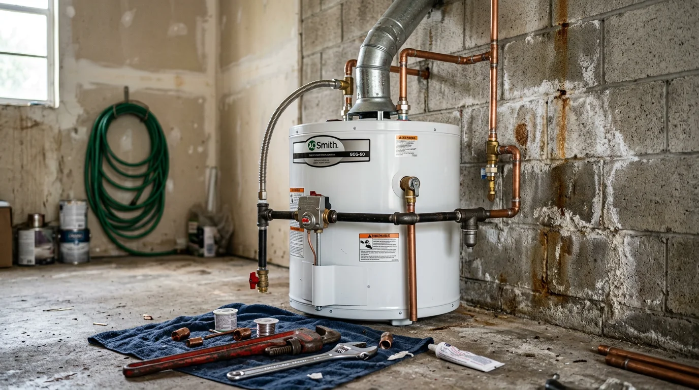 A plumber inspecting a residential tank water heater in a Tampa, FL home utility closet. The image shows the unit, supply lines, and pressure relief valve during a repair service call.