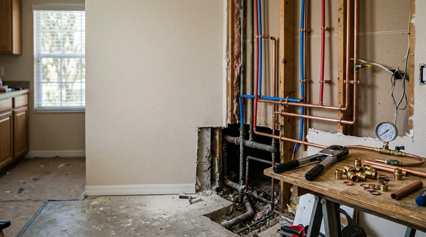 A plumber replacing corroded galvanized steel water supply lines inside a Tampa, FL home during a whole-house repiping project. Exposed pipe runs are visible in the wall cavity alongside new pipe materials ready for installation.